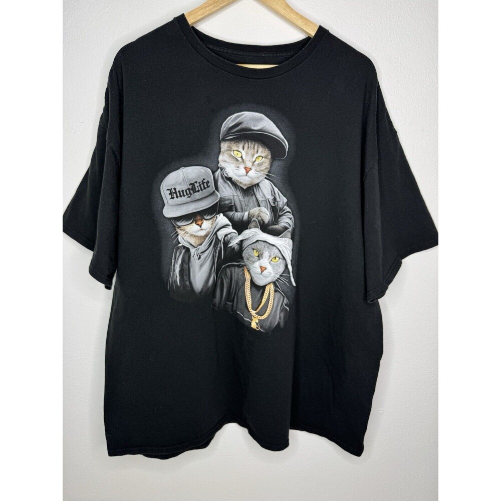 Hug Life Thug Life Tee with Gangsta Cats BLACK T-shirt Unisex Adult Size 3XL